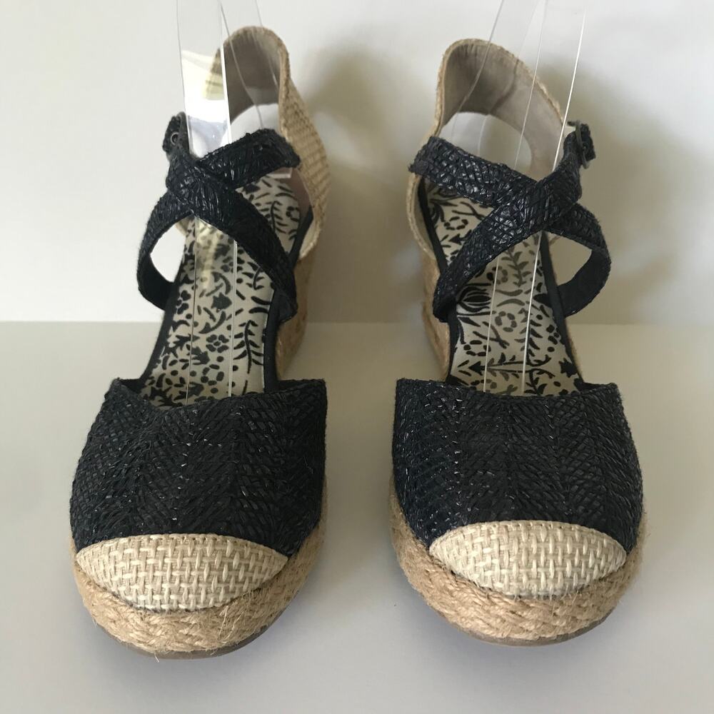 Womens Shoes Espadrille Straw High Heel Wedge Buckle Black Beige No Brand Size 9